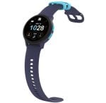 Purple smartwatch with blue accents and perforated navy strap; round display shows 10:28 and activity metrics.