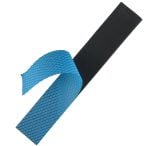 Blue and black flat resistance band partially rolled for stretching, on a white background (fitness equipment).