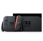 Nintendo Switch console with two gray Joy-Con controllers docked beside the black docking station on a white background.
