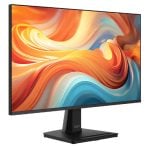 MSI computer monitor on a black stand displaying a vibrant abstract orange, yellow, and blue wallpaper.