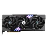 Triple-fan graphics card with a black shroud, PCIe connector visible, and blue LED accents.