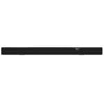 Black slim soundbar speaker spanning the width of the image, with a small brand logo on the right side on a white background.