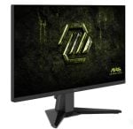 MSI MAG gaming monitor on a geometric stand with a dark textured background.