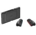 Nintendo Switch dock with two detached Joy-Con controllers (left blue, right red).