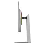 Side view of a slim desktop monitor mounted on a tall stand with an adjustable arm, against a white background.