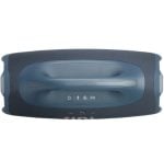 Portable blue and dark gray Bluetooth speaker with a central control panel and icons for power, Bluetooth, and volume on the front.