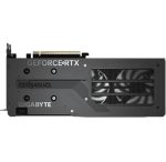 Side view of a Gigabyte GeForce RTX graphics card with dual fans visible through a mesh vent on the side panel.