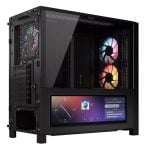 Black mid-tower PC case with a transparent side panel, RGB-lit front fans, and a built-in touchscreen display on the front panel.