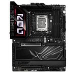 ATX gaming motherboard with black heatsinks, four memory slots, CPU socket, PCIe slot, and RGB accent panel