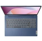 Top-down view of a blue Lenovo laptop open with a colorful display, showing a full keyboard, centered touchpad, and Lenovo logo on the palm rest.