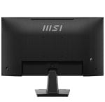 Rear view of a black MSI computer monitor on a rectangular stand, showing the back panel and stand base.