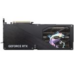 GeForce RTX graphics card in a black shroud with a dragon logo visible through a cooling cutout; PCIe connector on top edge for a desktop GPU.