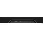 Side view of a black soundbar with a recessed port panel showing USB-C, USB-A, HDMI, 3.5mm audio jack, and power button