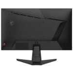 Rear view of a dark gaming monitor on a wide angular stand; red power indicator on the left and MSI logo on the back.