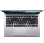 Top-down view of a silver laptop with a black keyboard and centered trackpad, screen slightly open displaying a colorful wallpaper on a white background afar.