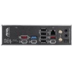 Rear I/O panel of a compact PC with numerous USB ports, Ethernet, video outputs (HDMI/DisplayPort), and audio jacks.