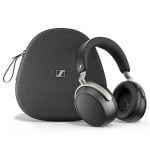 Sennheiser over-ear wireless headphones with a dark gray zippered carrying case on a white background