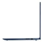 Side view of a blue laptop with the screen standing upright