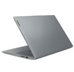 Silver Lenovo laptop partially open, keyboard visible, shown from the rear-left with side ports