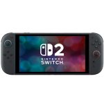Nintendo Switch handheld console in game mode with left blue joystick and right red joystick, screen shows the Switch logo on a colorful background.