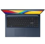 Top-down view of a blue laptop open, displaying a dark keyboard and touchpad on a blue chassis.