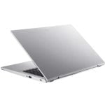 Slim silver laptop open at a slight angle, showing keyboard and touchpad on a white background.