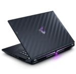 Gaming laptop with dark striped lid and purple bottom-edge lighting, angled for display.