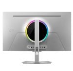 Back view of a silver computer monitor on a stand, showing a circular rainbow-colored accent around the back and a row of ports at the base.