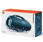 JBL Boombox 4 portable Bluetooth speaker on its packaging; blue speaker with water-splash graphic on a white box.