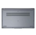 Underside of a gray laptop with a large vent grille near the top center and several screws around the edges.
