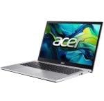Silver Acer laptop angled on a white background, open to reveal a colorful wallpaper with the Acer logo on screen.