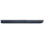Left side profile of a slim blue laptop showing a USB port and air vents.