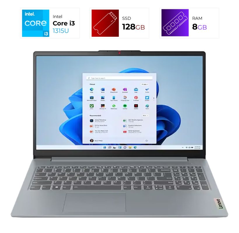 Laptop open to Windows 11 desktop with start menu visible on a gray keyboard chassis.