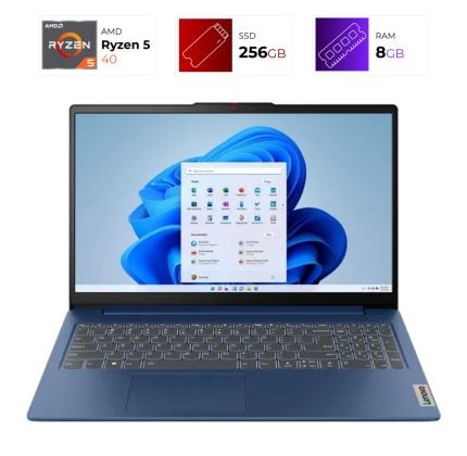 Blue laptop opened to reveal Windows desktop on a blue background, with three small spec cards above: Ryzen 5, 256GB SSD, and 8GB RAM.