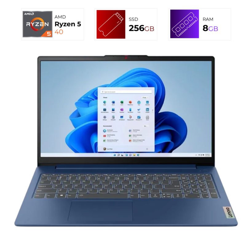 Blue laptop opened to reveal Windows desktop on a blue background, with three small spec cards above: Ryzen 5, 256GB SSD, and 8GB RAM.