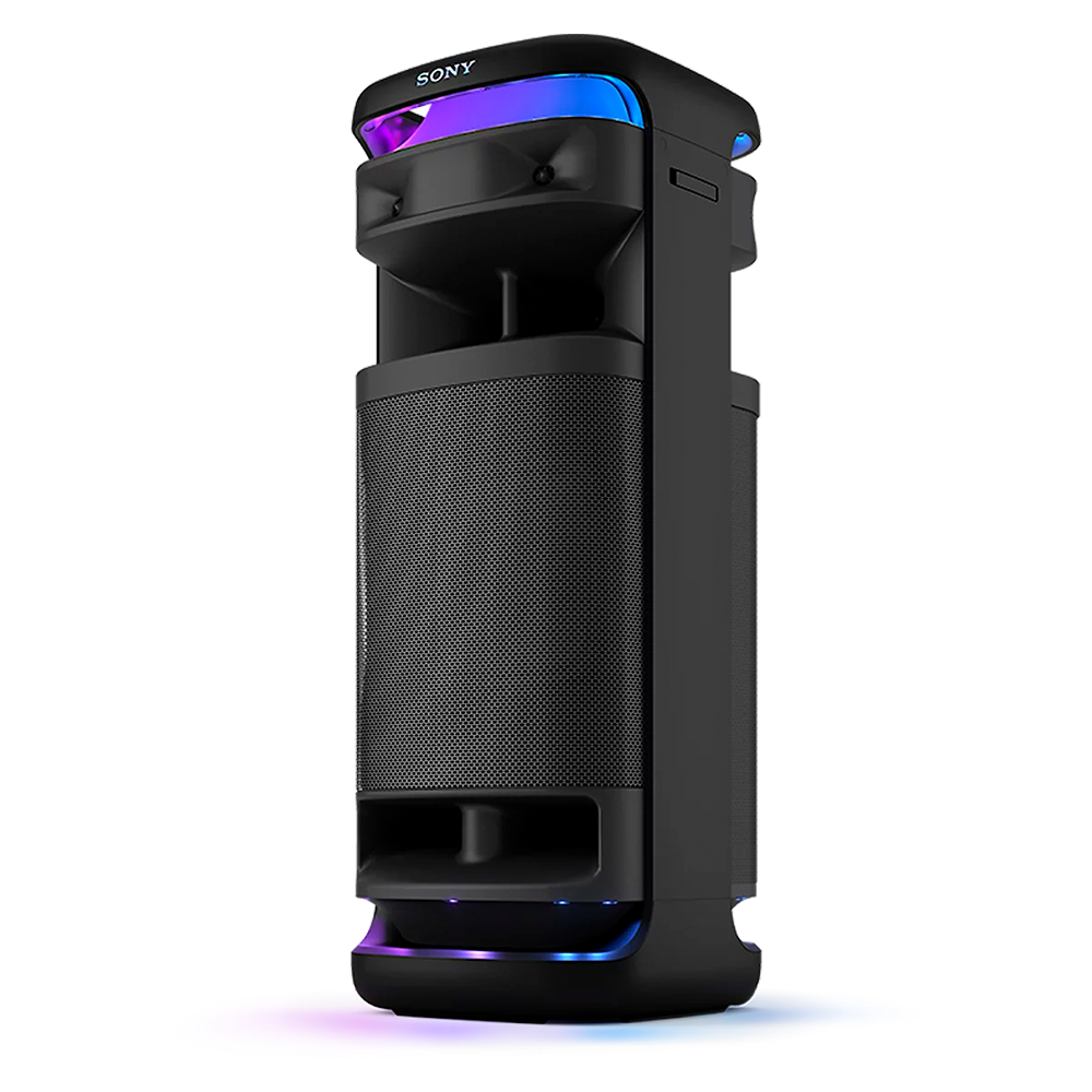 Sony wireless Bluetooth speaker in tall black design with a perforated grille and blue/purple LED accents, standing on a colorful base.