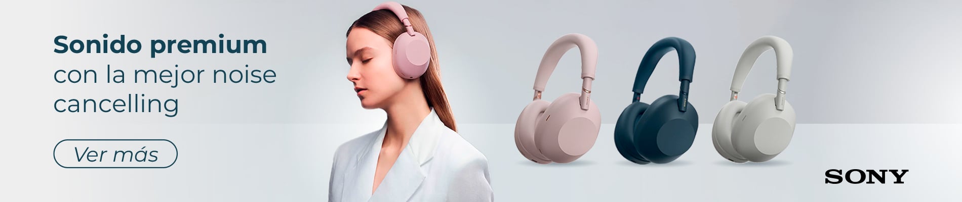 Banner: woman wearing pink over-ear headphones; three additional color models (pink, navy, beige); Sony logo.