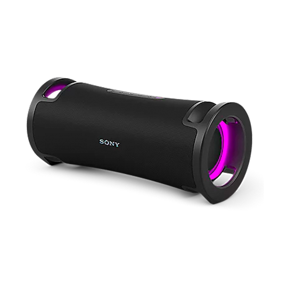 Sony cylindrical wireless Bluetooth speaker in black with purple LED ring around the ends (Sony logo visible).