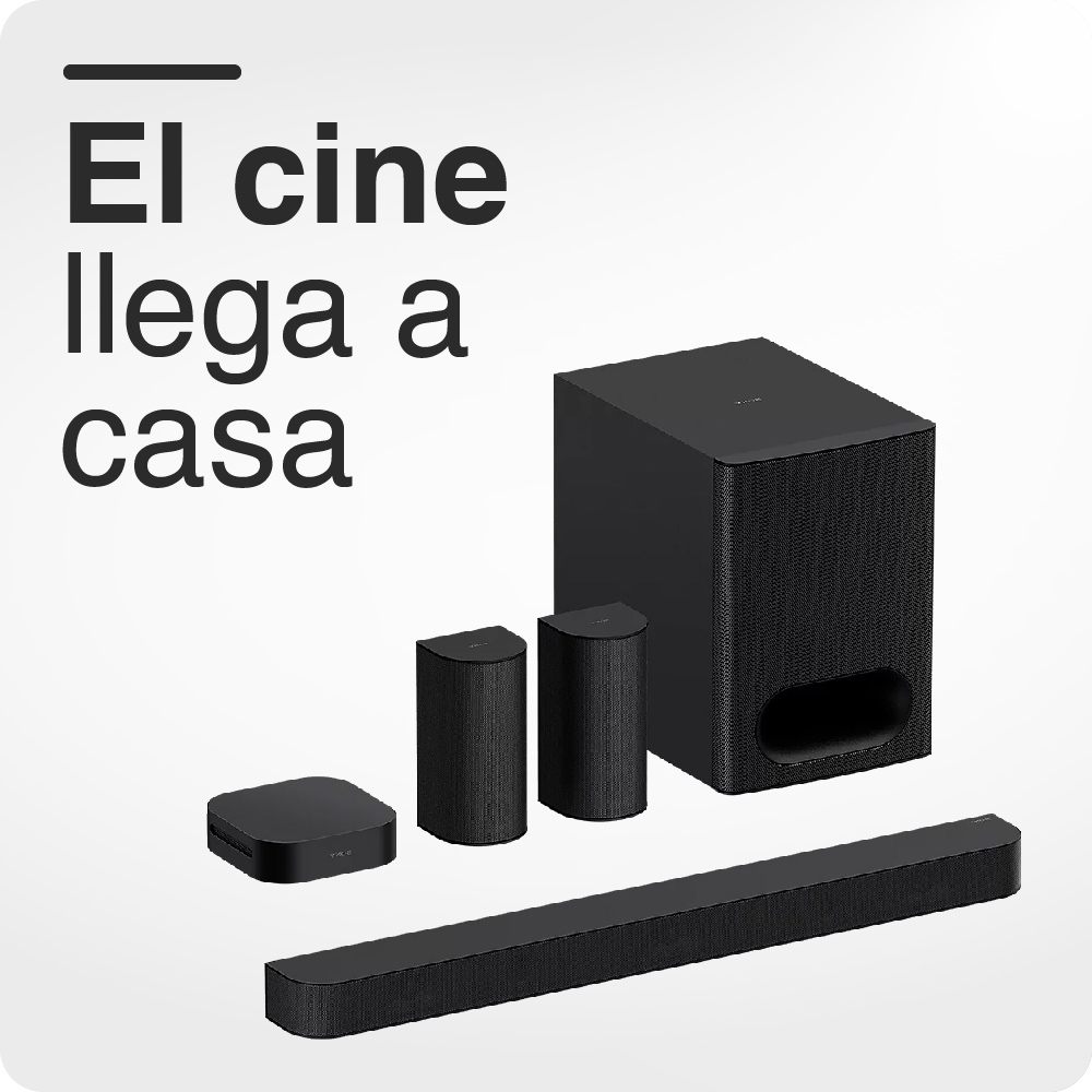 Conjunto de cine en casa con barra de sonido, subwoofer y altavoces, junto al texto 'El cine llega a casa'.
