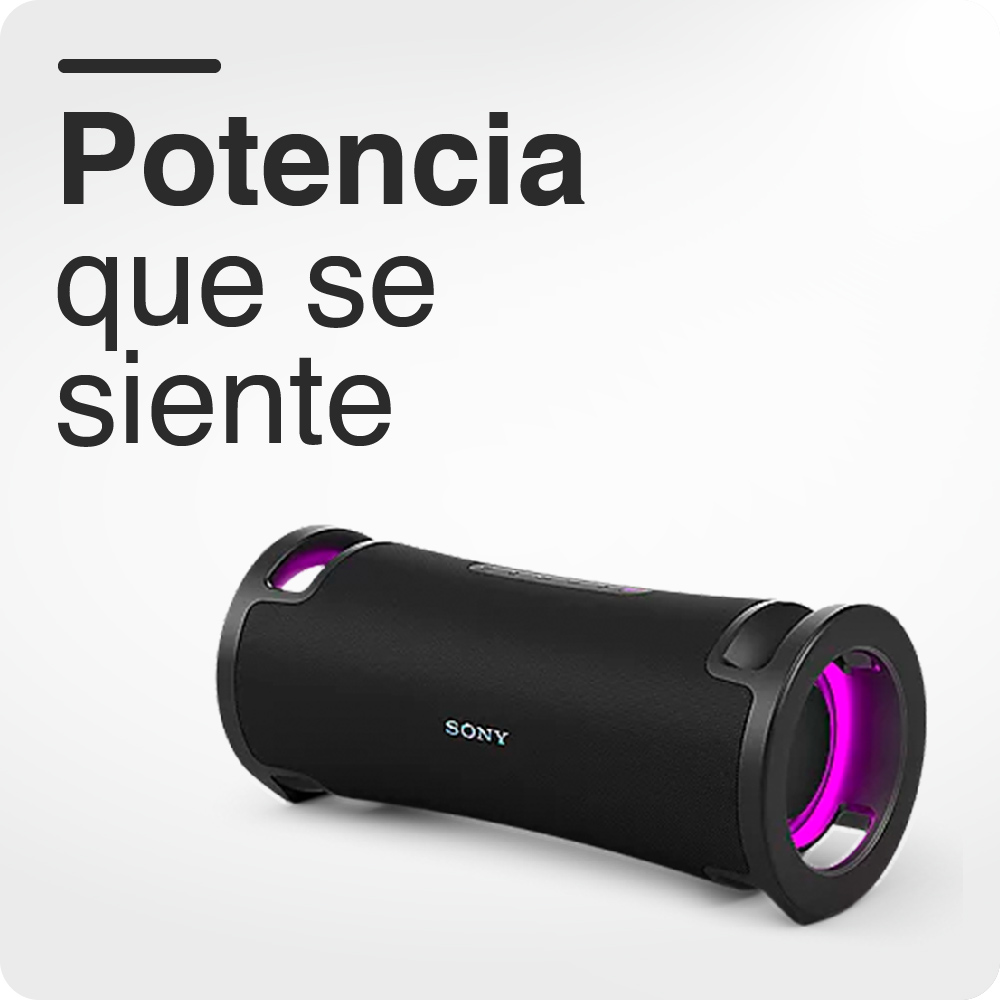 Sony portable speaker with purple-lit ends and the Spanish tagline 'Potencia que se siente' visible on a white background.