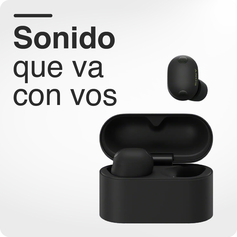 Auriculares inalámbricos Sony negros con estuche abierto y el lema 'Sonido que va con vos' en un fondo blanco.