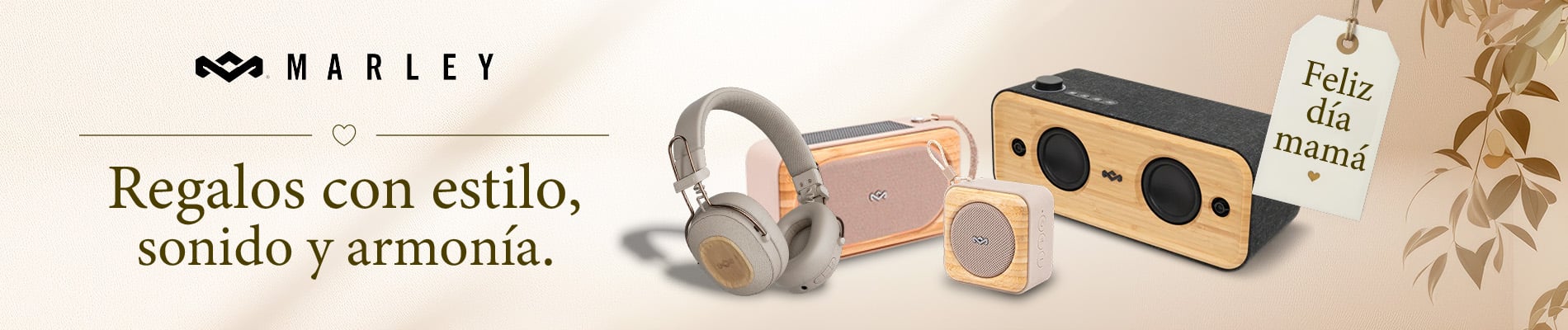 Marley gift lineup on a beige background featuring wooden speakers and headphones, with the slogan 'Regalos con estilo, sonido y armonía.'