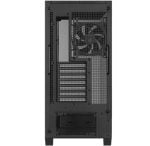 Rear view of a black PC case with a large rear exhaust fan, PCI expansion slots, drive bays, and a power supply opening at the bottom.