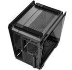 Black mid-tower computer case with side panel removed, exposing drive bays and perforated cooling panels.