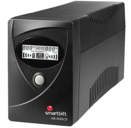 Black UPS unit (Smartbitt NB1000LCD) with digital LCD display and large circular power button.
