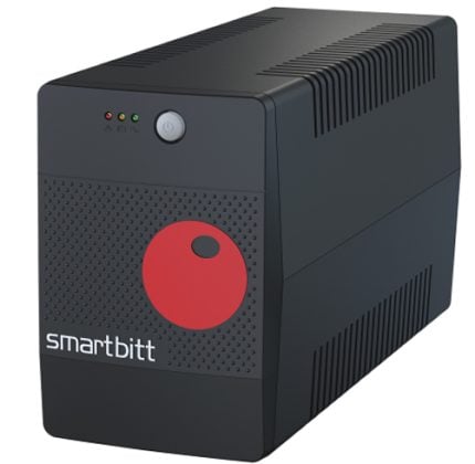SmartBitt desktop UPS with a red round power button on the front panel.