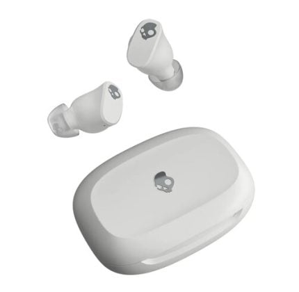 White true wireless earbuds with a matching charging case, each earbud featuring a small skull logo.