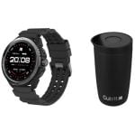 Rugged black smartwatch with silicone strap beside a black insulated travel mug labeled Cubitt