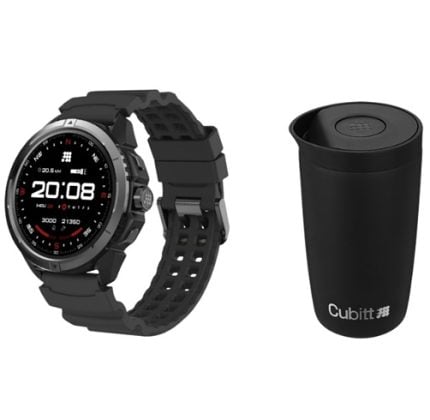 Rugged black smartwatch with silicone strap beside a black insulated travel mug labeled Cubitt