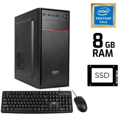 Desktop computer tower with keyboard and mouse; Intel Pentium Gold badge, 8 GB RAM, and SSD labels show included components.